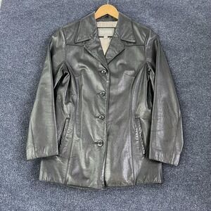 Wilsons Leather Jacket Womens Small Black Button Front Collared Lined Mid Length